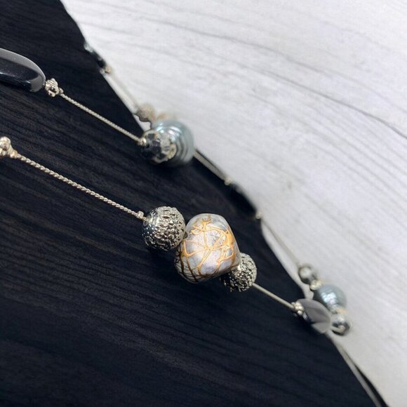 Polished Stone Beaded Station Necklace XL Length Silver White Gold & Black 45"L - Picture 3 of 5